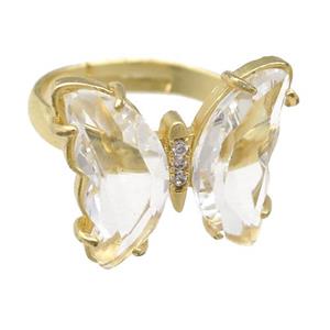 clear Crystal Glass Butterfly Rings, gold plated, approx 15-18mm, 17mm dia