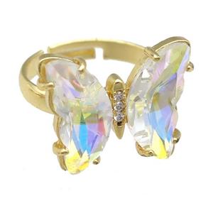 clear AB-color Crystal Glass Butterfly Rings, gold plated, approx 15-18mm, 17mm dia