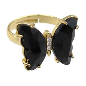 black Crystal Glass Butterfly Rings, gold plated, approx 15-18mm, 17mm dia