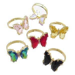 mix Crystal Glass Butterfly Rings pave zircon, gold plated, approx 15-18mm, 17mm dia