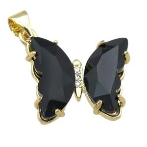 black Crystal Glass Butterfly Pendant, gold plated, approx 15-18mm