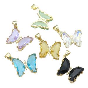 mix Crystal Glass Butterfly Pendant paved zircon, gold plated, approx 15-18mm