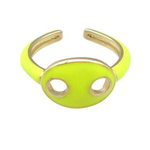 copper Rings with yellow enamel pignose, adjustable, gold plated, approx 11-14mm, 17mm dia
