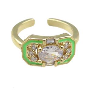 copper Rings pave zircon with green enamel, gold plated, adjustable, approx 9-15mm, 17mm dia