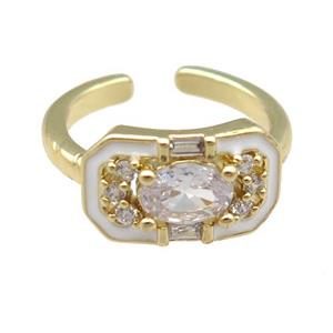copper Rings pave zircon with white enamel, gold plated, adjustable, approx 9-15mm, 17mm dia