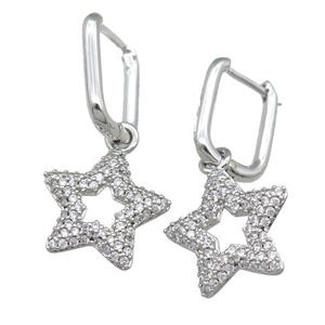 copper Latchback Earrring with star pave zircon, platinum plated, approx 15mm, 11-15mm