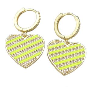 copper Hoop Earring with yellow Enamel Heart, gold plated, approx 20mm, 13mm dia