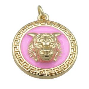 copper Tiger pendant with pink enamel, gold plated, approx 20mm