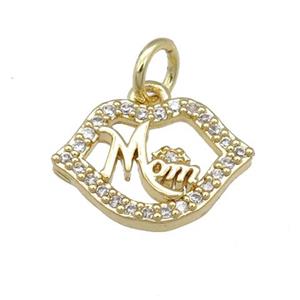 copper Lip pendant pave zircon, MOM, gold plated, approx 10-14mm