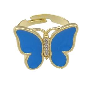copper butterfly Rings with blue enamel, adjustable, gold plated, approx 16-20mm, 17mm dia