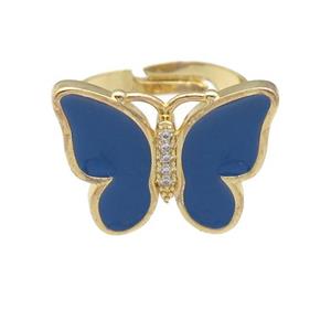 copper butterfly Rings with dp.blue enamel, adjustable, gold plated, approx 16-20mm, 17mm dia
