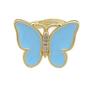 copper butterfly Rings with blue lt.enamel, adjustable, gold plated, approx 16-20mm, 17mm dia