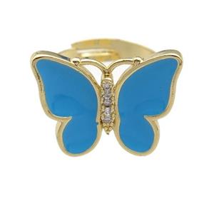 copper butterfly Rings with blue enamel, adjustable, gold plated, approx 16-20mm, 17mm dia
