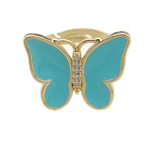 copper butterfly Rings with teal enamel, adjustable, gold plated, approx 16-20mm, 17mm dia