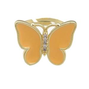 copper butterfly Rings with peach enamel, adjustable, gold plated, approx 16-20mm, 17mm dia