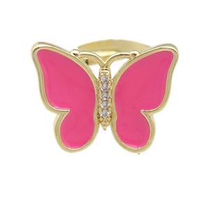 copper butterfly Rings with hotpink enamel, adjustable, gold plated, approx 16-20mm, 17mm dia