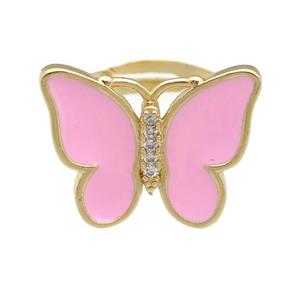 copper butterfly Rings with pink enamel, adjustable, gold plated, approx 16-20mm, 17mm dia