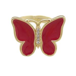 copper butterfly Rings with red enamel, adjustable, gold plated, approx 16-20mm, 17mm dia