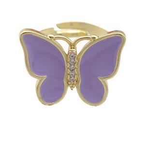 copper butterfly Rings with lavender enamel, adjustable, gold plated, approx 16-20mm, 17mm dia