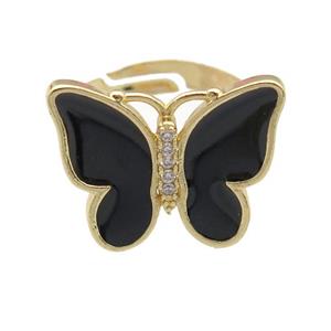 copper butterfly Rings with black enamel, adjustable, gold plated, approx 16-20mm, 17mm dia