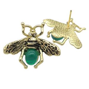 copper honeybee Stud Earring with green cats eye stone, antique gold, approx 21-26mm