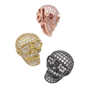 copper Skull beads pave zircon, mixed, approx 11-15mm, 2mm hole