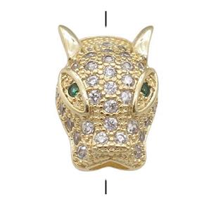 copper LeopardHead beads pave zircon, gold plated, approx 10-15mm, 3mm hole