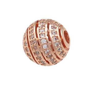 copper round beads pave zircon, large hole, hollow, rose gold, approx 10mm, 2.5mm hole