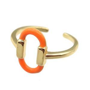 copper Ring with orange enamel oval, gold plated, approx 9-14.5mm, 18mm dia