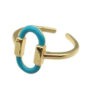 copper Ring with teal enamel oval, gold plated, approx 9-14.5mm, 18mm dia