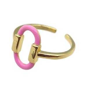 copper Ring with pink enamel oval, gold plated, approx 9-14.5mm, 18mm dia