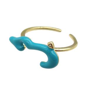 copper Ring with teal enamel, gold plated, approx 9-20mm, 18mm dia