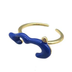 copper Ring with navyblue enamel, gold plated, approx 9-20mm, 18mm dia