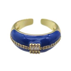 copper Ring pave zircon with blue enamel, gold plated, approx 8mm, 18mm dia
