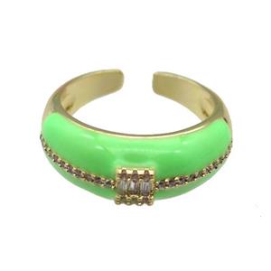 copper Ring pave zircon with green enamel, gold plated, approx 8mm, 18mm dia