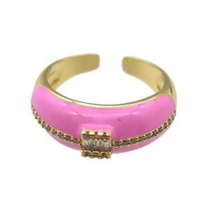 copper Ring pave zircon with pink enamel, gold plated, approx 8mm, 18mm dia