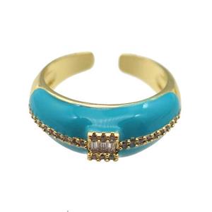 copper Ring pave zircon with teal enamel, gold plated, approx 8mm, 18mm dia