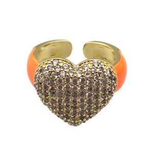 copper Ring paved zircon with orange enamel, heart, gold plated, approx 15-17mm, 18mm dia