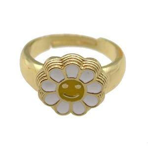 copper Ring with white enamel daisy, adjustable, gold plated, approx 14mm, 18mm dia