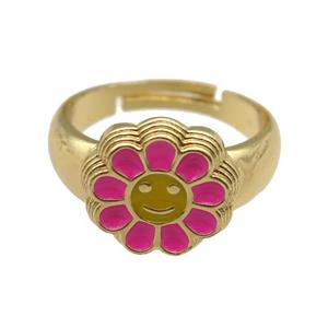 copper Ring with hotpink enamel daisy, adjustable, gold plated, approx 14mm, 18mm dia