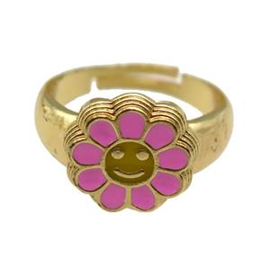 copper Ring with pink enamel daisy, adjustable, gold plated, approx 14mm, 18mm dia