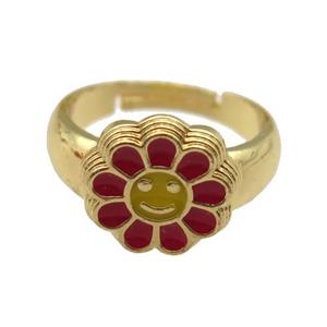 copper Ring with red enamel daisy, adjustable, gold plated, approx 14mm, 18mm dia