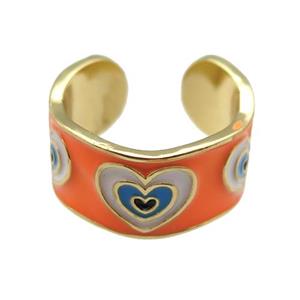 copper Ring with orange enamel, heart, gold plated, approx 10mm, 18mm dia