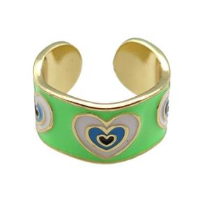 copper Ring with green enamel, heart, gold plated, approx 10mm, 18mm dia