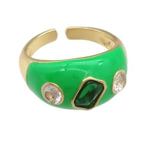 copper Rings paved zircon with green enamel, gold plated, approx 11mm, 18mm dia