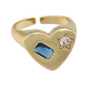 copper Heart Ring paved blue zircon, gold plated, approx 13-15mm, 17mm dia