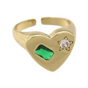 copper Heart Ring paved green zircon, gold plated, approx 13-15mm, 17mm dia
