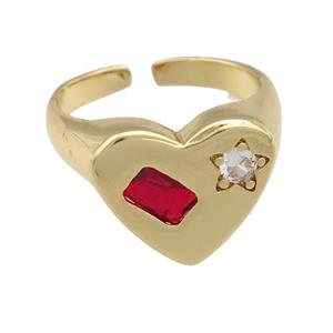 copper Heart Ring paved red zircon, gold plated, approx 13-15mm, 17mm dia