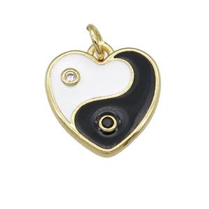 copper Taichi Heart pendant with black enamel, yinyang, gold plated, approx 14mm