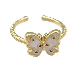 copper Butterfly Ring with white enamel, gold plated, approx 9-12mm, 17mm dia